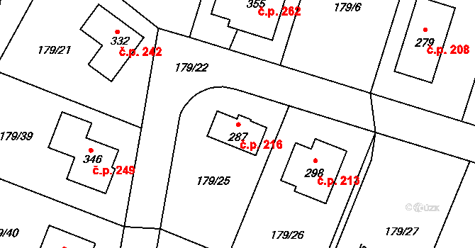 Břežany II 216 na parcele st. 287 v KÚ Břežany II, Katastrální mapa