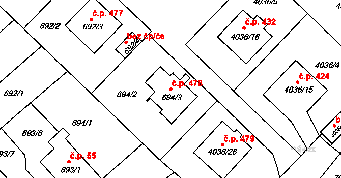 Choceňské Předměstí 478, Vysoké Mýto na parcele st. 694/3 v KÚ Vysoké Mýto, Katastrální mapa