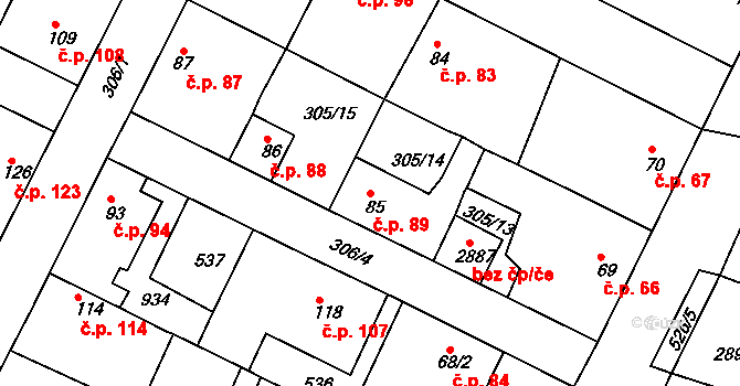 Neratovice 89 na parcele st. 85 v KÚ Neratovice, Katastrální mapa