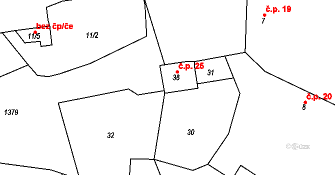 Ostromeč 25, Velký Malahov na parcele st. 38 v KÚ Ostromeč, Katastrální mapa
