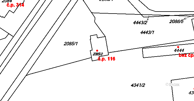Pražské Předměstí 116, Jaroměř na parcele st. 2085/2 v KÚ Jaroměř, Katastrální mapa