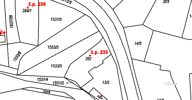 Všeruby 233 na parcele st. 282 v KÚ Všeruby u Plzně, Katastrální mapa