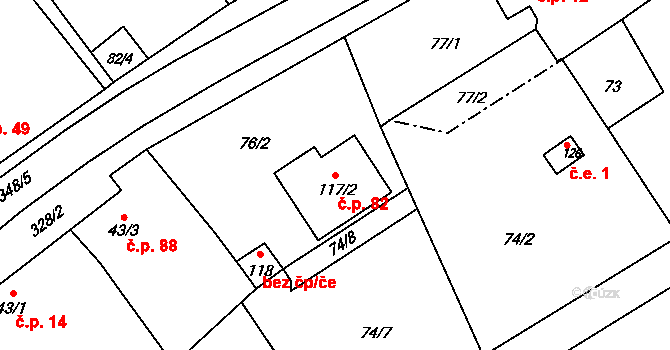 Úhřetická Lhota 82 na parcele st. 117/2 v KÚ Úhřetická Lhota, Katastrální mapa