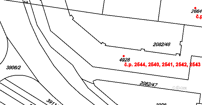 Zelené Předměstí 2540,2541,2542,2543,, Pardubice na parcele st. 4928 v KÚ Pardubice, Katastrální mapa