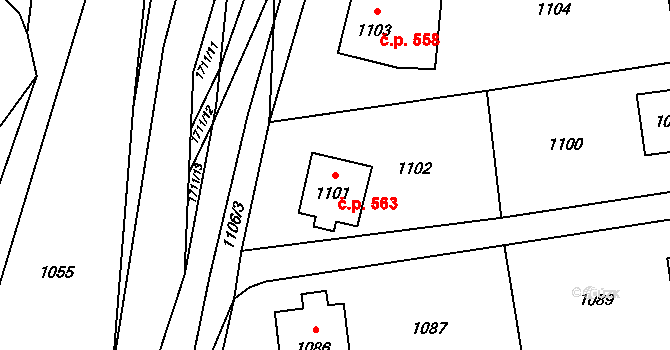 Fulnek 563 na parcele st. 1101 v KÚ Fulnek, Katastrální mapa