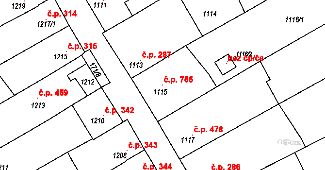 Vnorovy 755 na parcele st. 1115 v KÚ Vnorovy, Katastrální mapa
