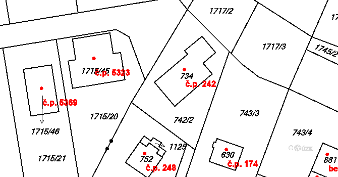 Jablonecké Paseky 242, Jablonec nad Nisou na parcele st. 734 v KÚ Jablonecké Paseky, Katastrální mapa