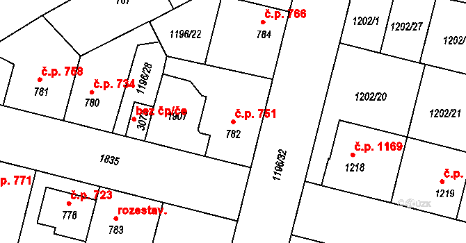 Nymburk 751 na parcele st. 782 v KÚ Nymburk, Katastrální mapa