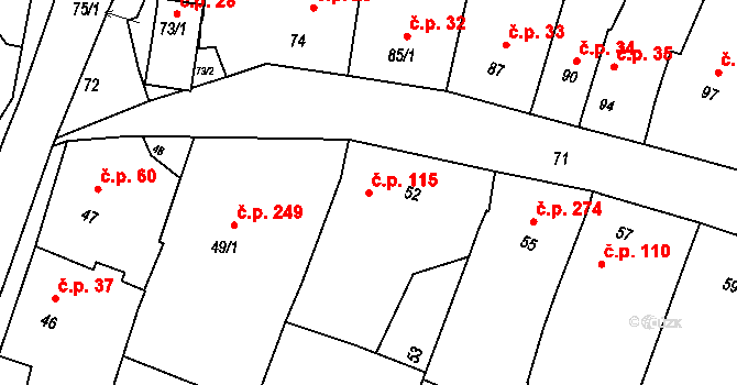 Těmice 115 na parcele st. 52 v KÚ Těmice u Hodonína, Katastrální mapa
