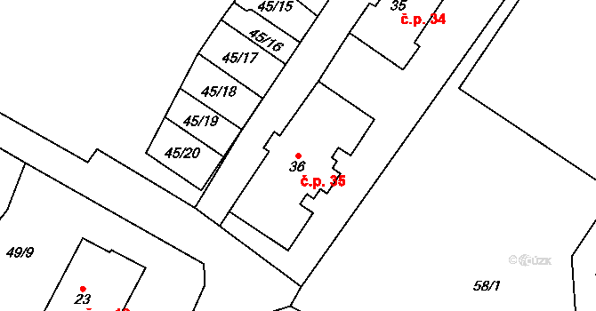 Josefův Důl 35 na parcele st. 36 v KÚ Josefův Důl u Mladé Boleslavi, Katastrální mapa