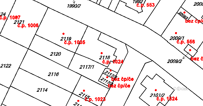 Děčín VI-Letná 1024, Děčín na parcele st. 2118 v KÚ Podmokly, Katastrální mapa