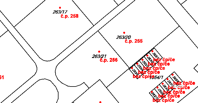 Přáslavice 256 na parcele st. 263/21 v KÚ Přáslavice u Olomouce, Katastrální mapa