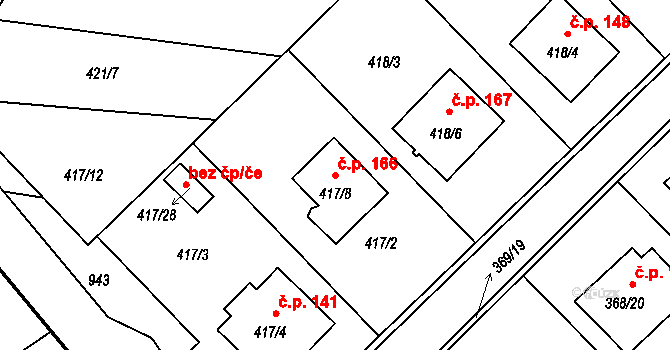 Hosín 166 na parcele st. 417/8 v KÚ Hosín, Katastrální mapa
