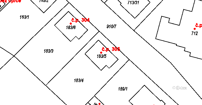 Milovice 305 na parcele st. 183/5 v KÚ Milovice nad Labem, Katastrální mapa
