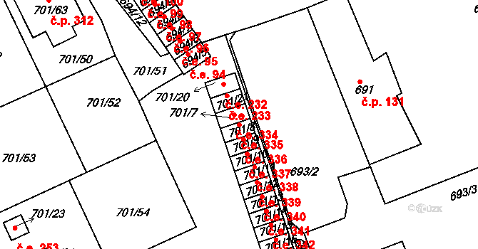 Bystřice 335, Dubí na parcele st. 701/8 v KÚ Dubí-Bystřice, Katastrální mapa