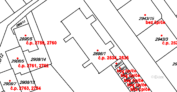 Teplice 2534,2535 na parcele st. 2896/1 v KÚ Teplice, Katastrální mapa