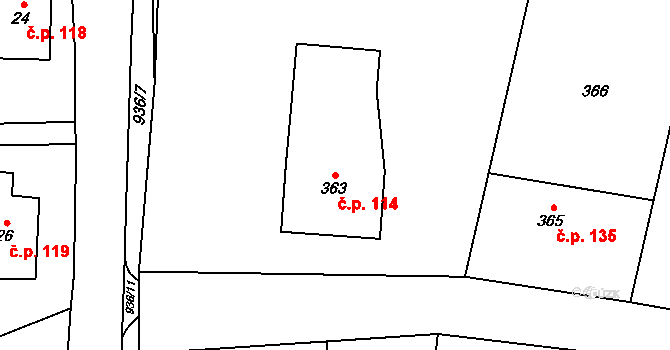 Chlebovice 114, Frýdek-Místek na parcele st. 363 v KÚ Chlebovice, Katastrální mapa
