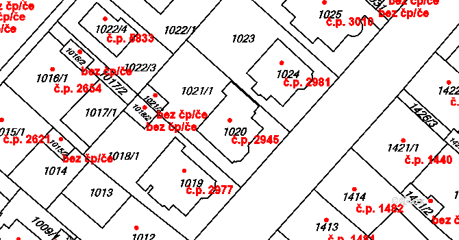 Chomutov 2945 na parcele st. 1020 v KÚ Chomutov II, Katastrální mapa