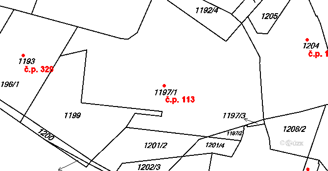 Troubsko 113 na parcele st. 1197/1 v KÚ Troubsko, Katastrální mapa