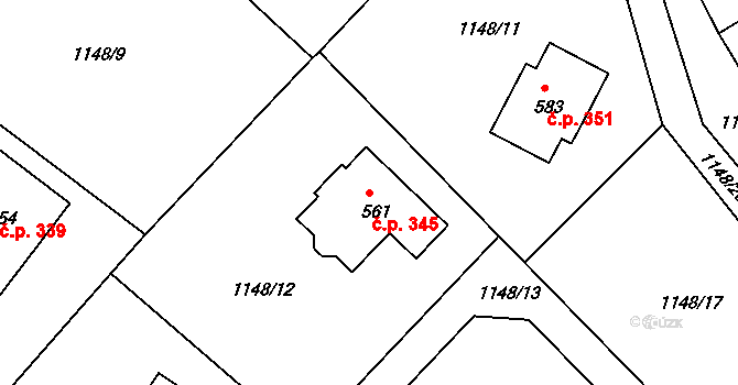 Bystřička 345 na parcele st. 561 v KÚ Bystřička II, Katastrální mapa