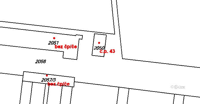 Rajhrad 43 na parcele st. 2050 v KÚ Rajhrad, Katastrální mapa