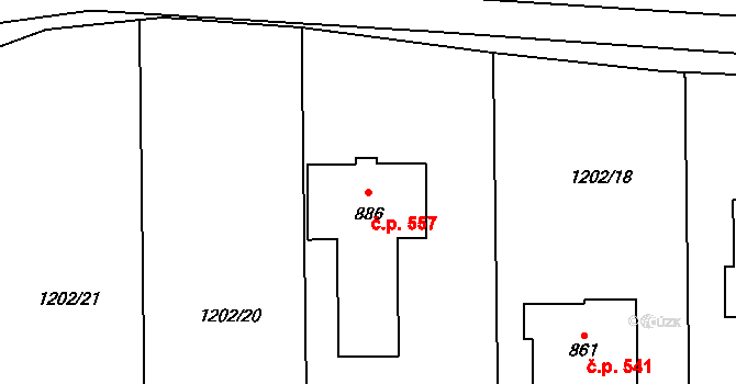 Kudlov 557, Zlín na parcele st. 886 v KÚ Kudlov, Katastrální mapa