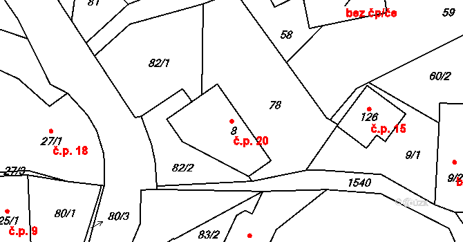 Jinošice 20, Bystřice na parcele st. 8 v KÚ Jinošice, Katastrální mapa