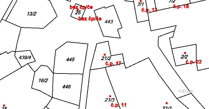 Milasín 17 na parcele st. 21/2 v KÚ Milasín, Katastrální mapa
