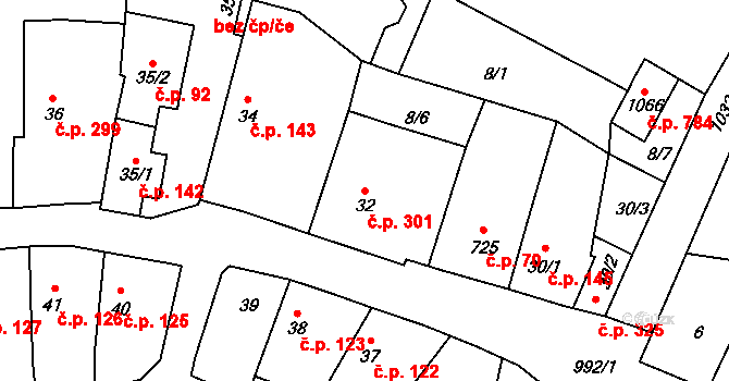 Chrast 301 na parcele st. 32 v KÚ Chrast, Katastrální mapa