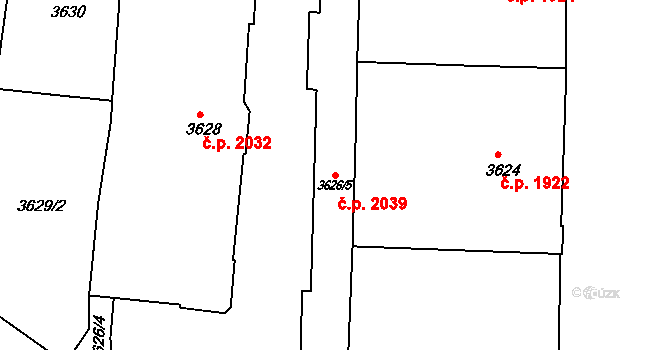 Černá Pole 2039, Brno na parcele st. 3626/5 v KÚ Černá Pole, Katastrální mapa