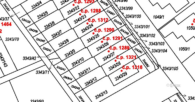Třešť 1291 na parcele st. 3343/26 v KÚ Třešť, Katastrální mapa
