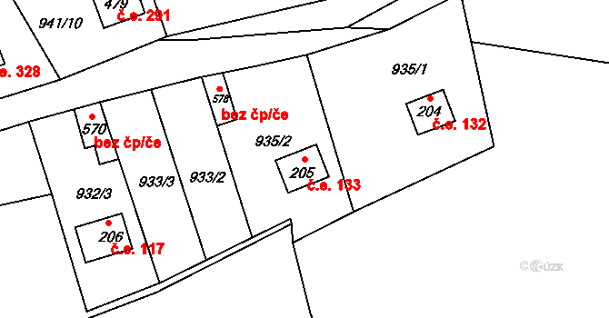 Vlkančice 133 na parcele st. 205 v KÚ Vlkančice, Katastrální mapa