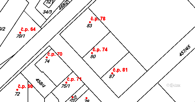 Úžice 74 na parcele st. 80 v KÚ Úžice u Kralup nad Vltavou, Katastrální mapa