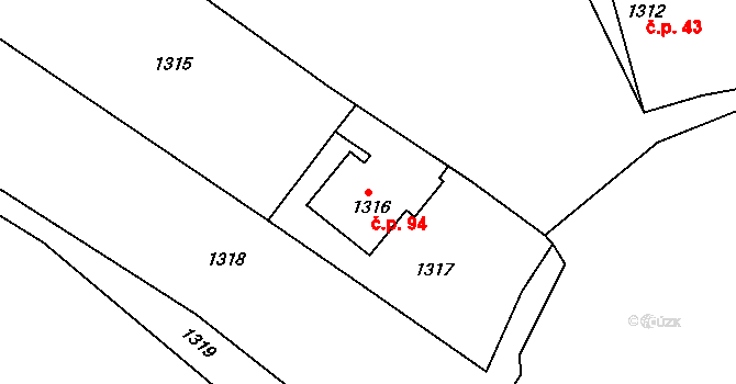 Kuničky 94 na parcele st. 159 v KÚ Kuničky, Katastrální mapa