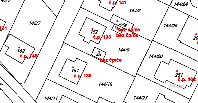 Travčice 79506160 na parcele st. 374 v KÚ Travčice, Katastrální mapa