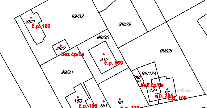 Měšice 639 na parcele st. 912 v KÚ Měšice u Prahy, Katastrální mapa