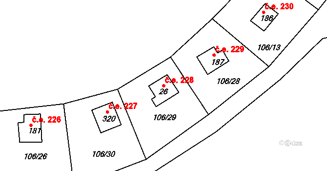 Lipno 228, Líšťany na parcele st. 26 v KÚ Těchoděly, Katastrální mapa