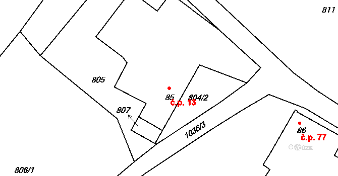Dolní Brusnice 13 na parcele st. 85 v KÚ Dolní Brusnice, Katastrální mapa