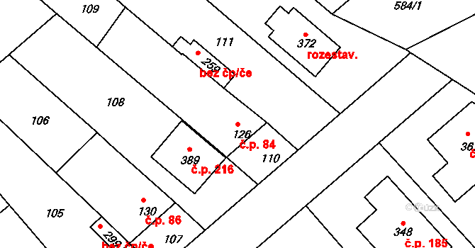 Trávník 84, Kroměříž na parcele st. 126 v KÚ Trávník, Katastrální mapa