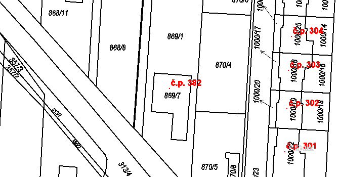 Přerov VI-Újezdec 382, Přerov na parcele st. 869/7 v KÚ Újezdec u Přerova, Katastrální mapa