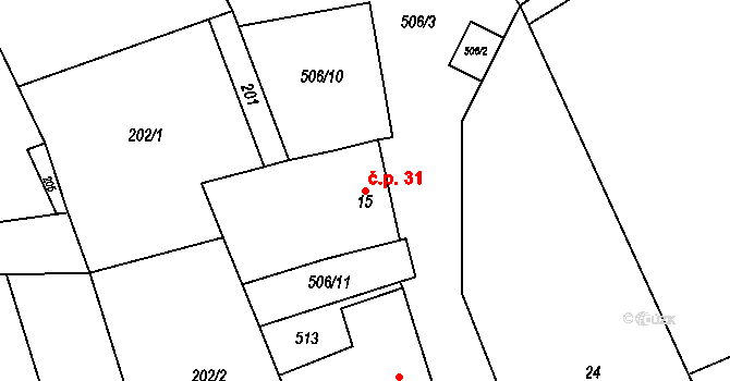 Bousín 31 na parcele st. 15 v KÚ Bousín, Katastrální mapa