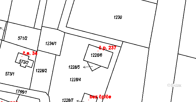 Tochovice 237 na parcele st. 1228/6 v KÚ Tochovice, Katastrální mapa