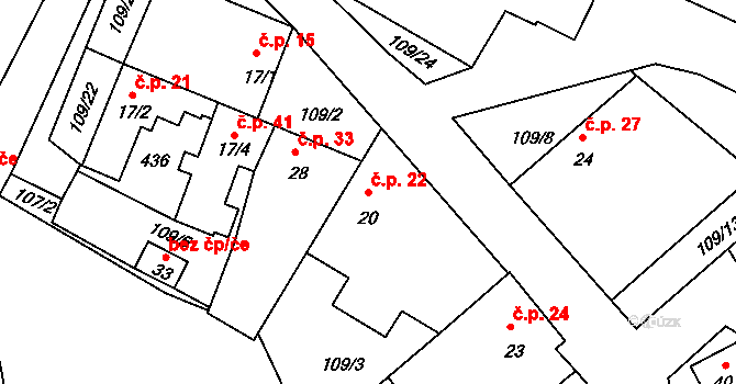 Horní Miletín 22, Lišov na parcele st. 20 v KÚ Horní Miletín, Katastrální mapa