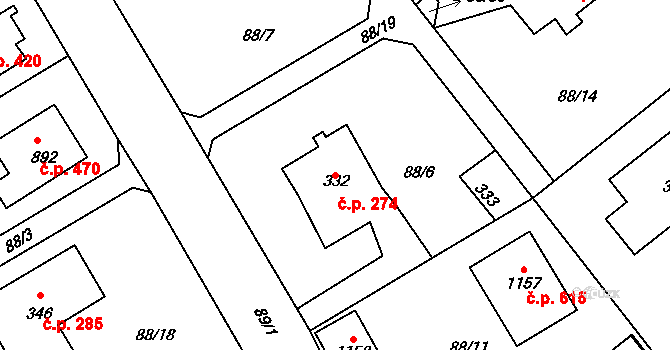Radošovice 274, Říčany na parcele st. 332 v KÚ Říčany-Radošovice, Katastrální mapa