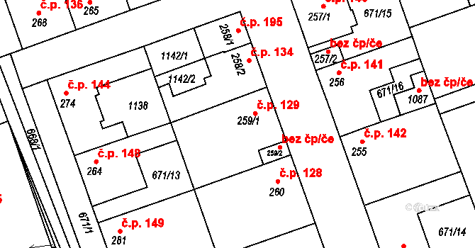 Olšany 129, Brandýsek na parcele st. 259/1 v KÚ Brandýsek, Katastrální mapa