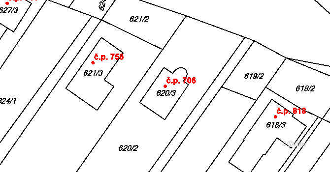 Veverská Bítýška 706 na parcele st. 620/3 v KÚ Veverská Bítýška, Katastrální mapa