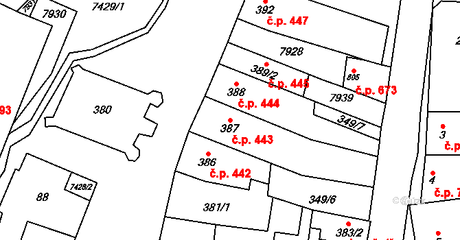 Dambořice 443 na parcele st. 387 v KÚ Dambořice, Katastrální mapa