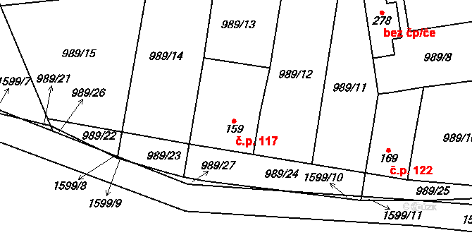Ledce 117 na parcele st. 159 v KÚ Ledce u Kladna, Katastrální mapa