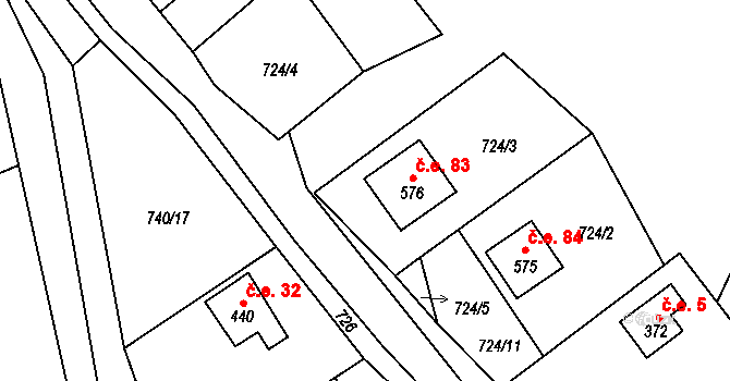 Dolní Sklenov 83, Hukvaldy na parcele st. 576 v KÚ Sklenov, Katastrální mapa