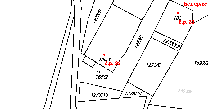 Růžkovy Lhotice 32, Čechtice na parcele st. 165/1 v KÚ Černičí, Katastrální mapa